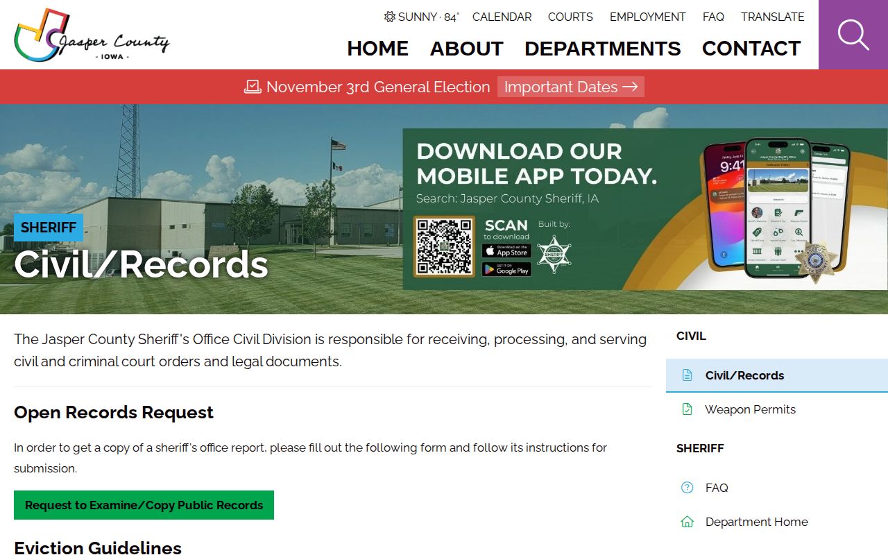 Jasper County Sheriff Civil and Records webpage
