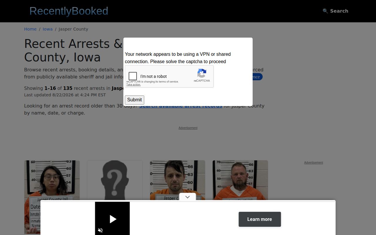 RecentlyBooked unofficial Jasper County landing page